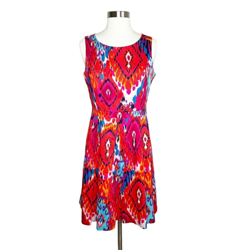 Belle Badgley Mischka Dress 6 Multicolor Ikat Sheath Fit & Flare Sleeveless